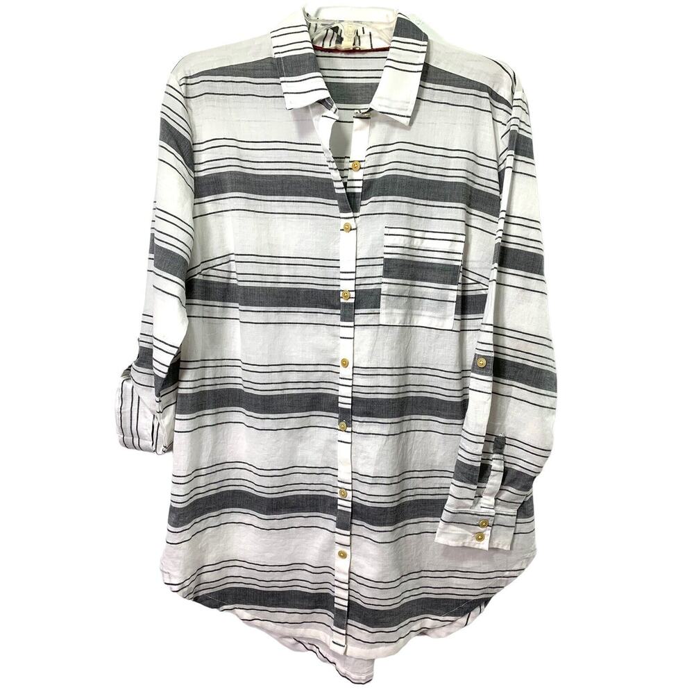 Matilda Jane Top Womens Small Gray‎ White Stripe Button Down Roll Tab Blouse